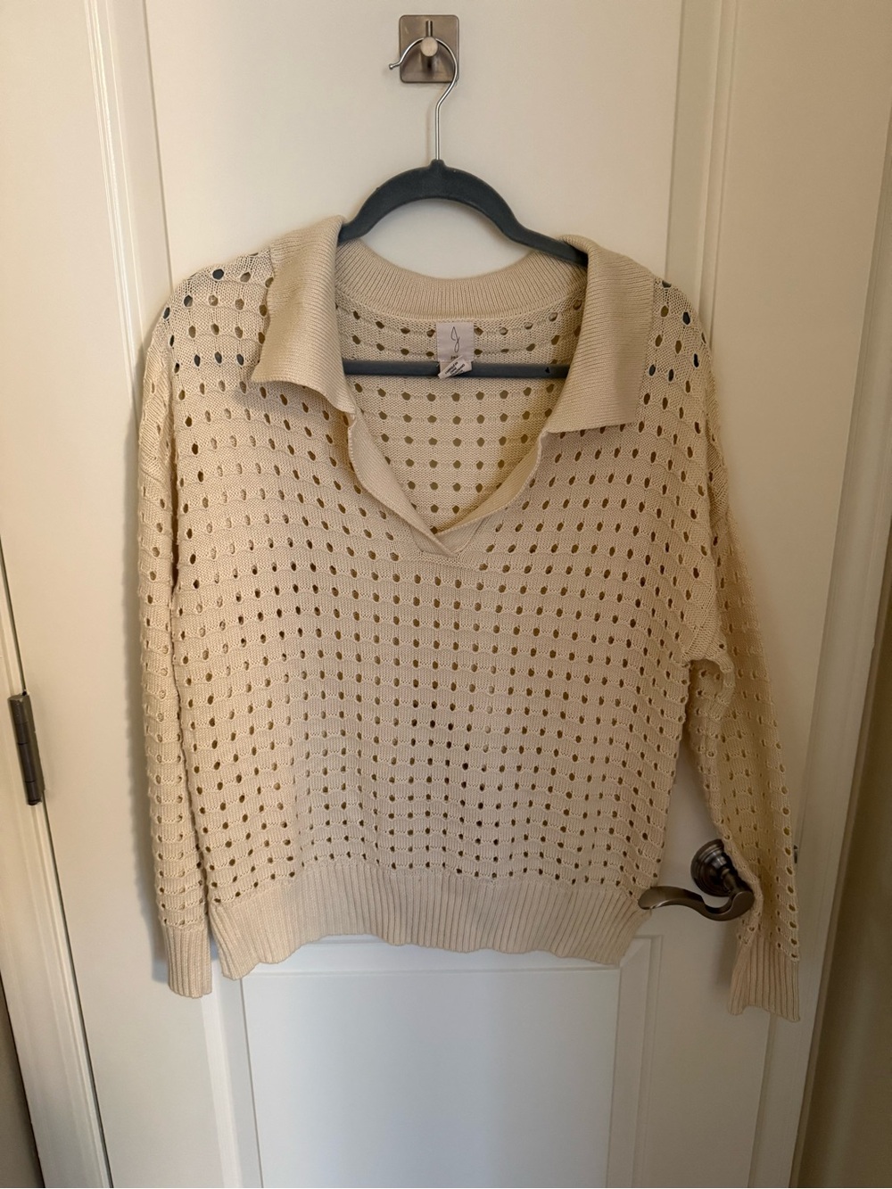 Joie Cream Open-Weave V-Neck Collared Sweater